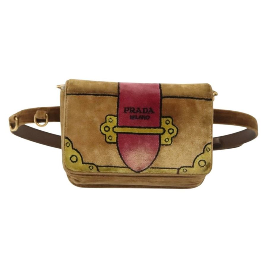 【日本直送】PRADA 鏈條 Kaye 肩背包 絲絨 米色 金色 正品 141360-12