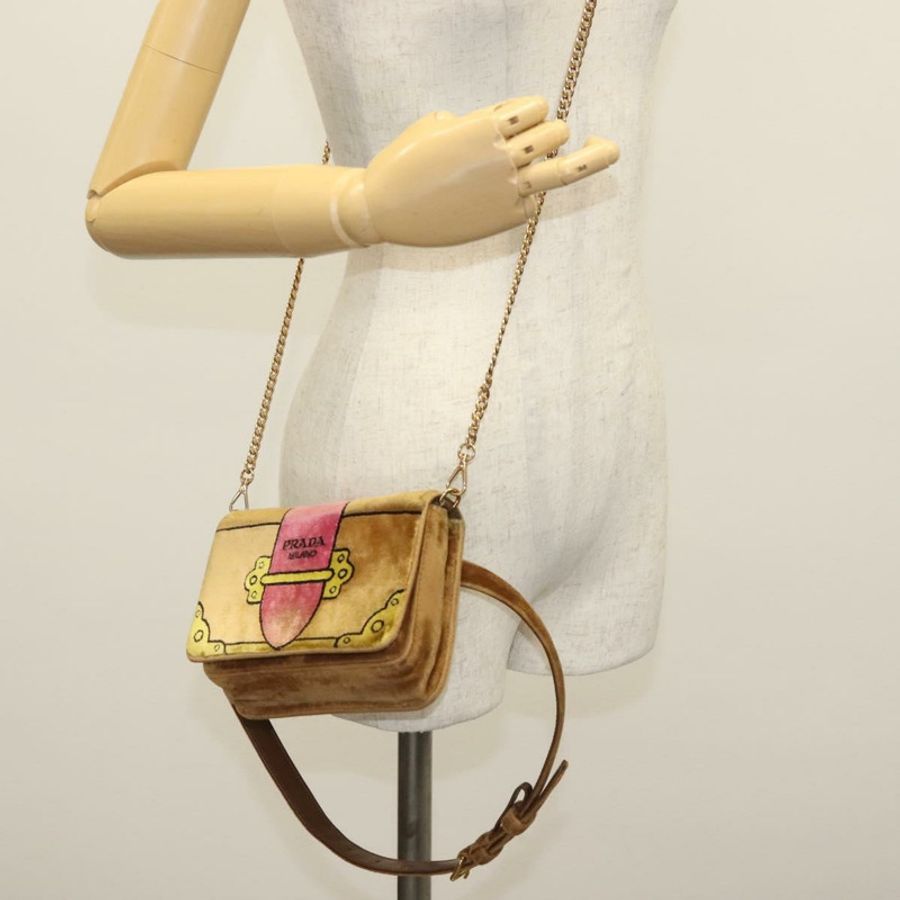 【日本直送】PRADA 鏈條 Kaye 肩背包 絲絨 米色 金色 正品 141360-22