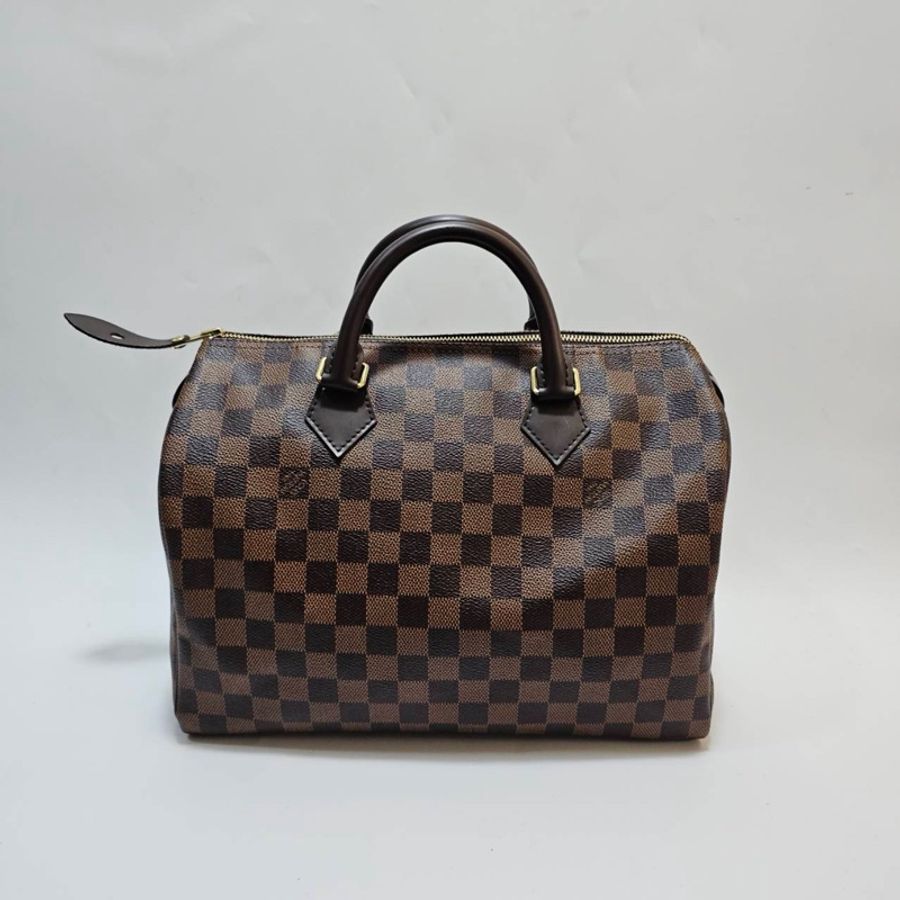 LV 咖棋盤格Speedy30 金釦手提波士頓包N41531-0