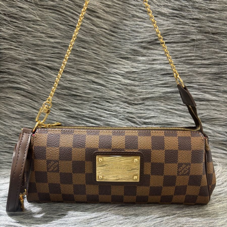 LV N55213 EVA 咖啡棋盤格紋 金牌 金鍊 肩背包 斜背包 晚宴包 腋下包 麻將包 手提包-0