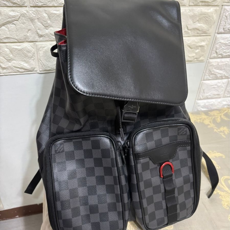降價出清!LV 男用後背包 路易威登多功能背包 N40279 石墨背包 格紋灰色 特殊塗層帆布 牛皮-0