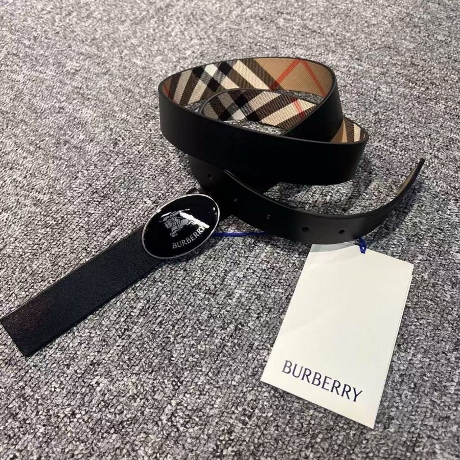 【新品】BURBERRY Oval Knight 格紋配黑皮革雙面男款腰帶 皮帶 90cm-4