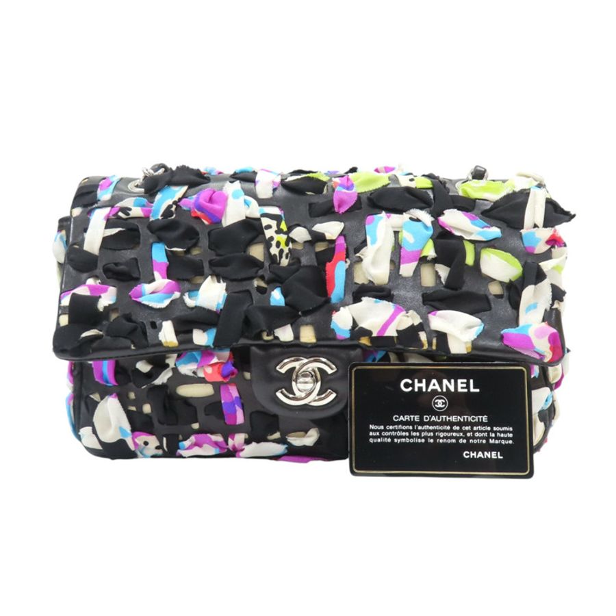 多色絲綢編織 黑色羊皮 Ribbon Classic Flap 肩背包 無卡 銀扣【CHANEL 香奈兒】-9