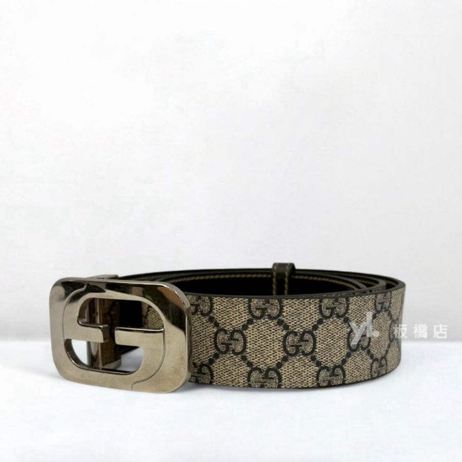 GUCCI 雙G拚黑牛皮銀釦皮帶245861-2