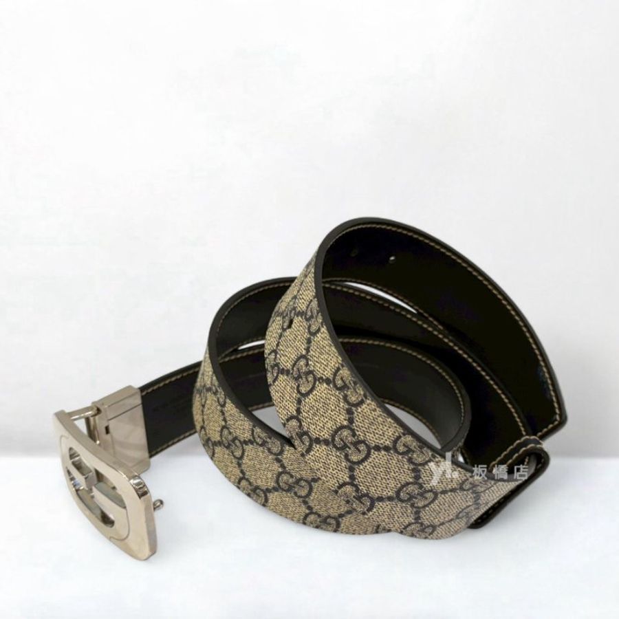 GUCCI 雙G拚黑牛皮銀釦皮帶245861-5