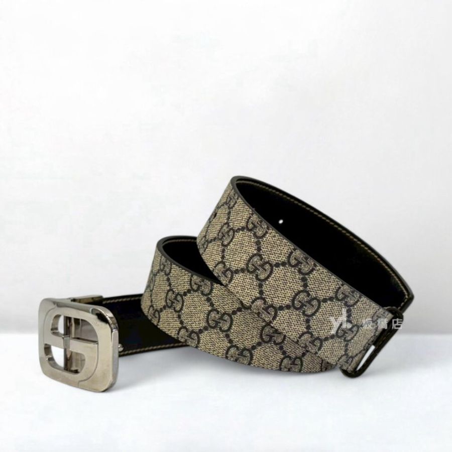 GUCCI 雙G拚黑牛皮銀釦皮帶245861-6