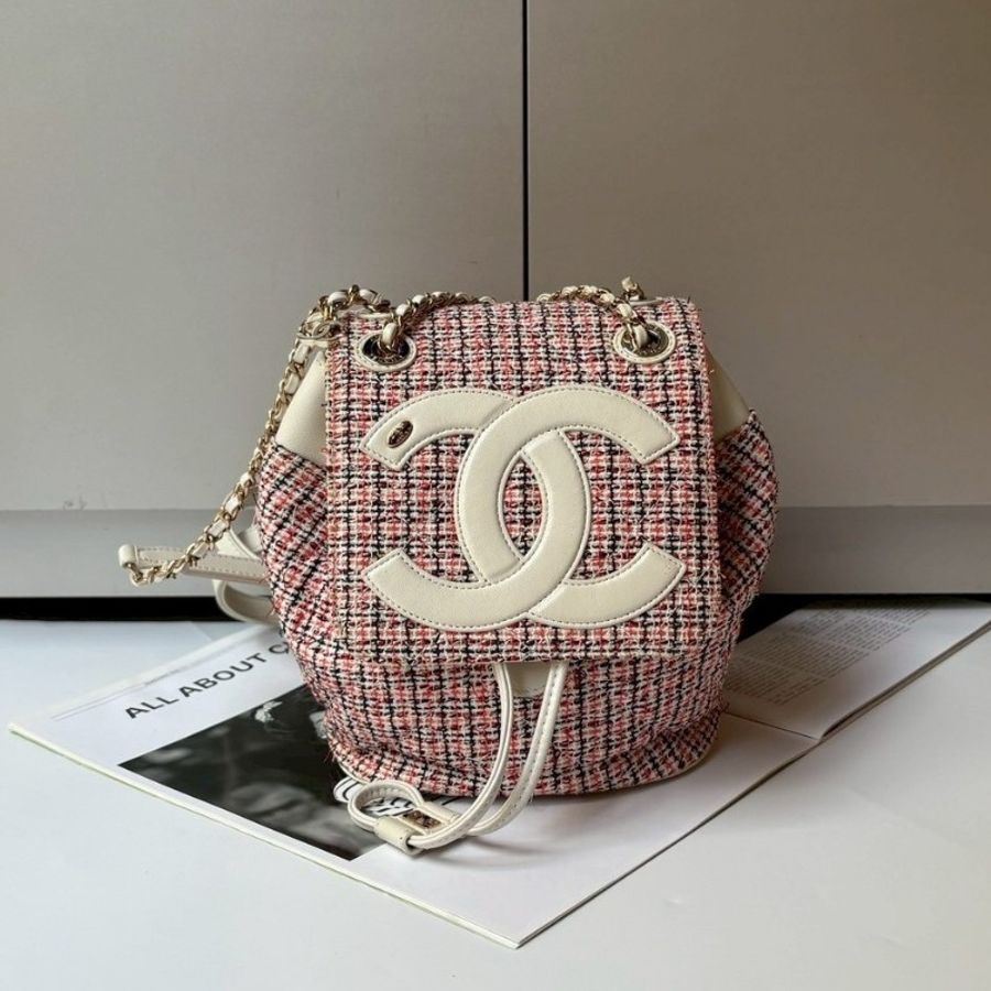 Chanel 淡金鍊白皮革邊粉色毛呢布小號後背包-0