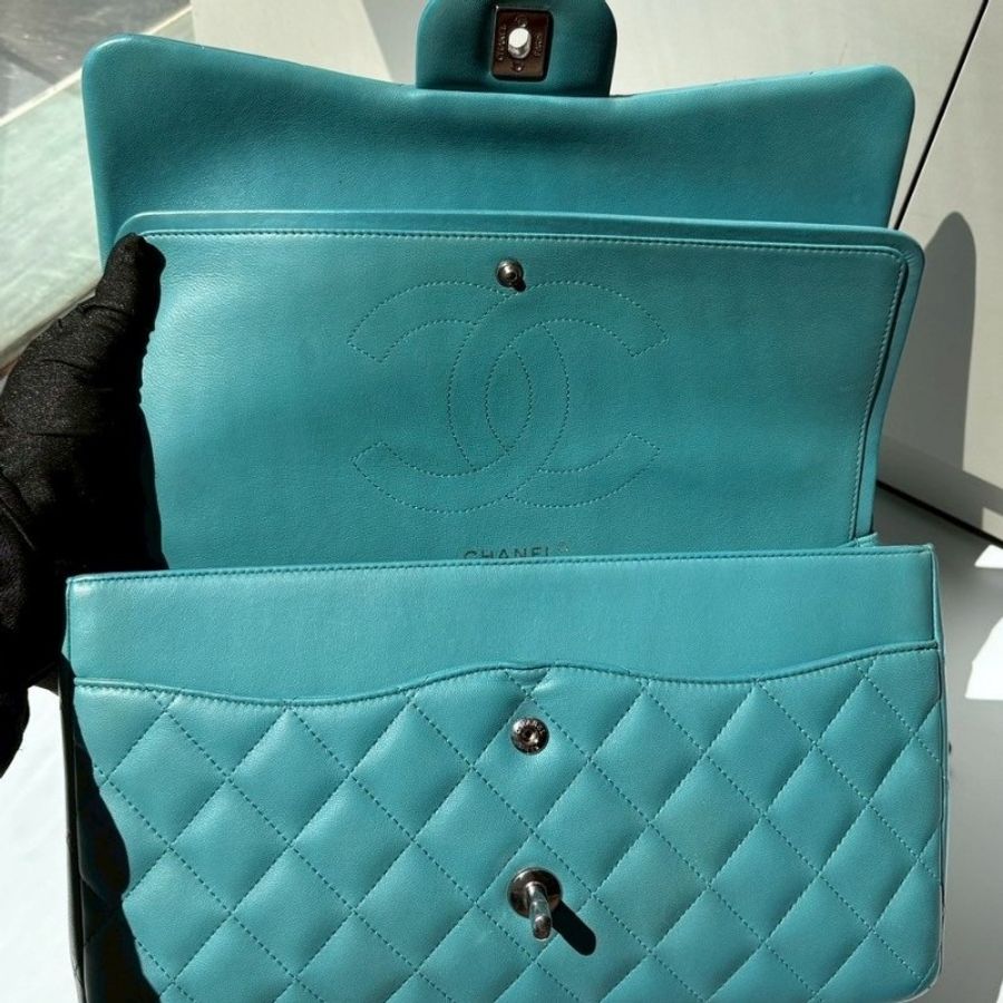 Chanel 銀鍊湖水藍羊皮CF Jumbo 30-21