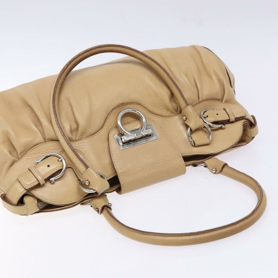 【日本直送】Salvatore Ferragamo Gancini 手提包 皮革 米色 銀色 正品 141104-5