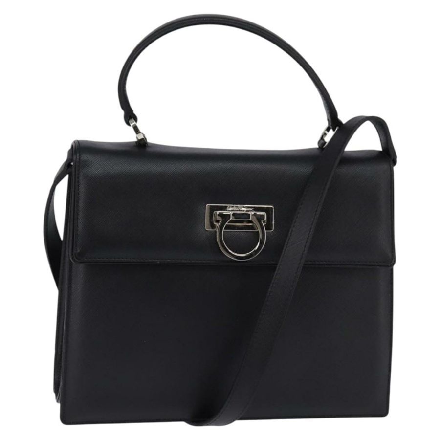 【日本直送】Salvatore Ferragamo Gancini 手提包 皮革 2way 黑色 銀色 Auth BA5942-0