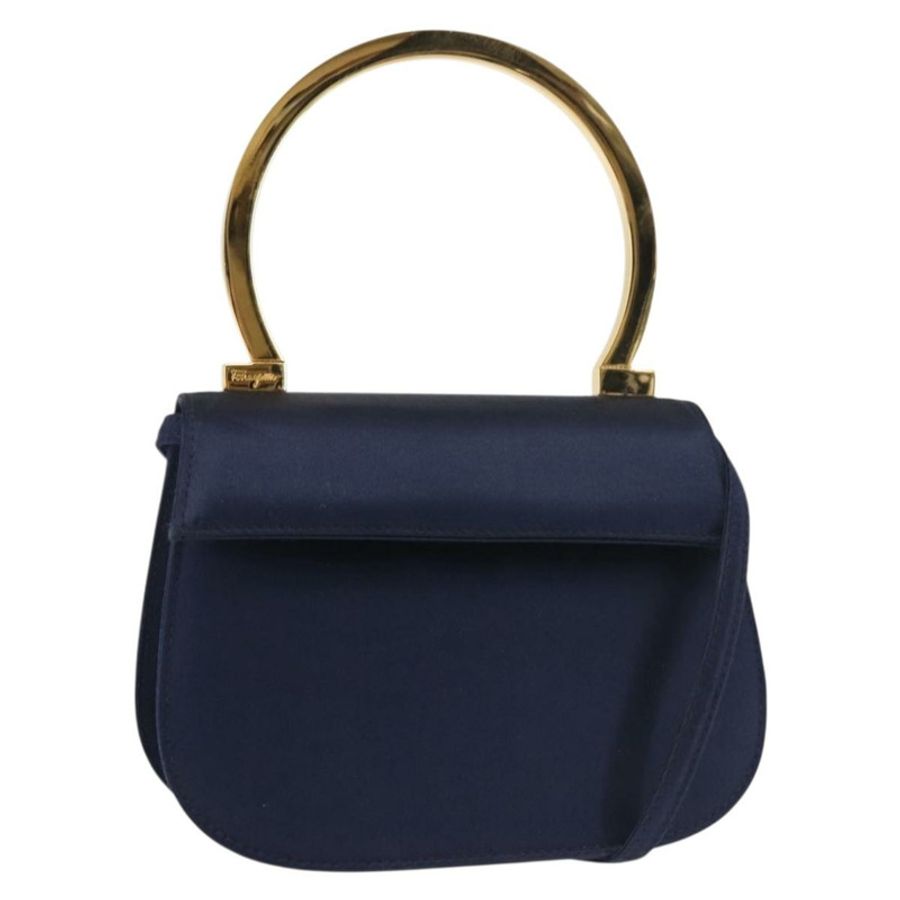 【日本直送】Salvatore Ferragamo Gancini 手提包 緞面 兩用 海軍藍 金色 正品 142663-0