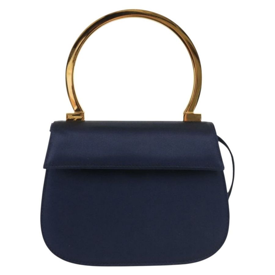 【日本直送】Salvatore Ferragamo Gancini 手提包 緞面 兩用 海軍藍 金色 正品 142663-12