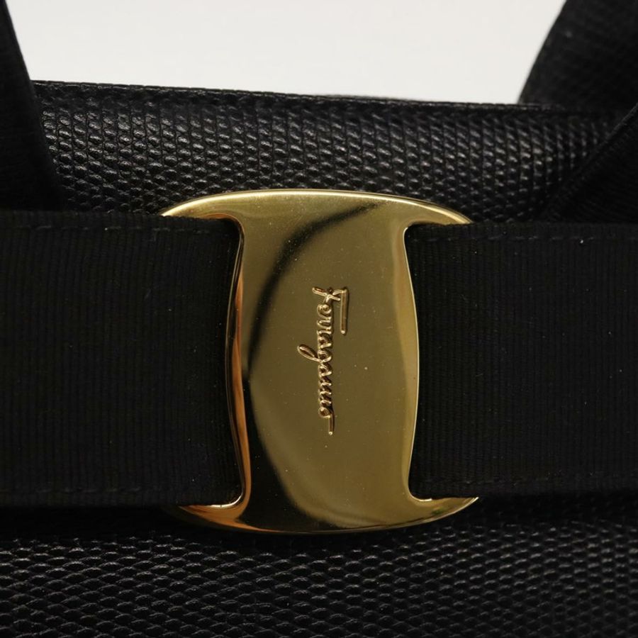【日本直送】Salvatore Ferragamo Vala 手提包,壓花皮革,黑色,金色,正品 BA5845-9