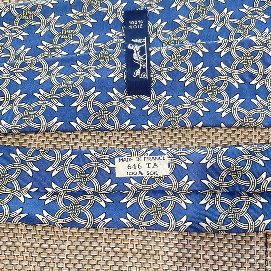 Hermes 藍色底 馬蹄花紋 領帶-1