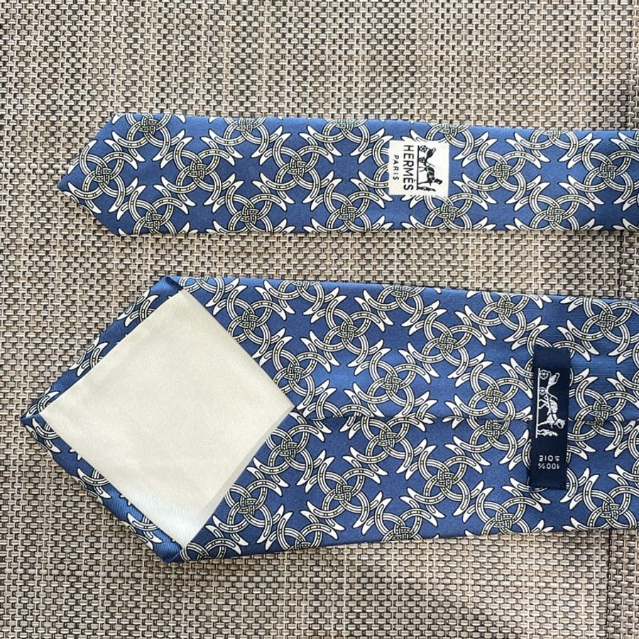 Hermes 藍色底 馬蹄花紋 領帶-2