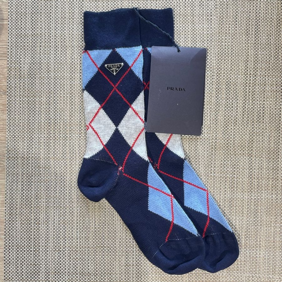 Prada 藍色 菱格紋 中高筒襪-0