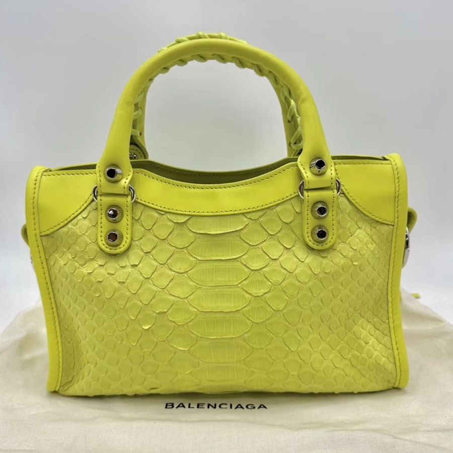 BALENCIAGA 檸檬黃mini蛇皮手提肩背機車包23.8*16*6.3 99新配件塵袋鏡子-5
