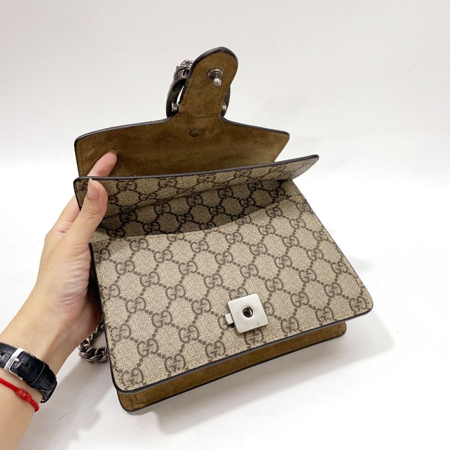 Gucci PVC拼麂皮霧銀釦Dionysns Mini下蓋肩斜酒神包 421970-9