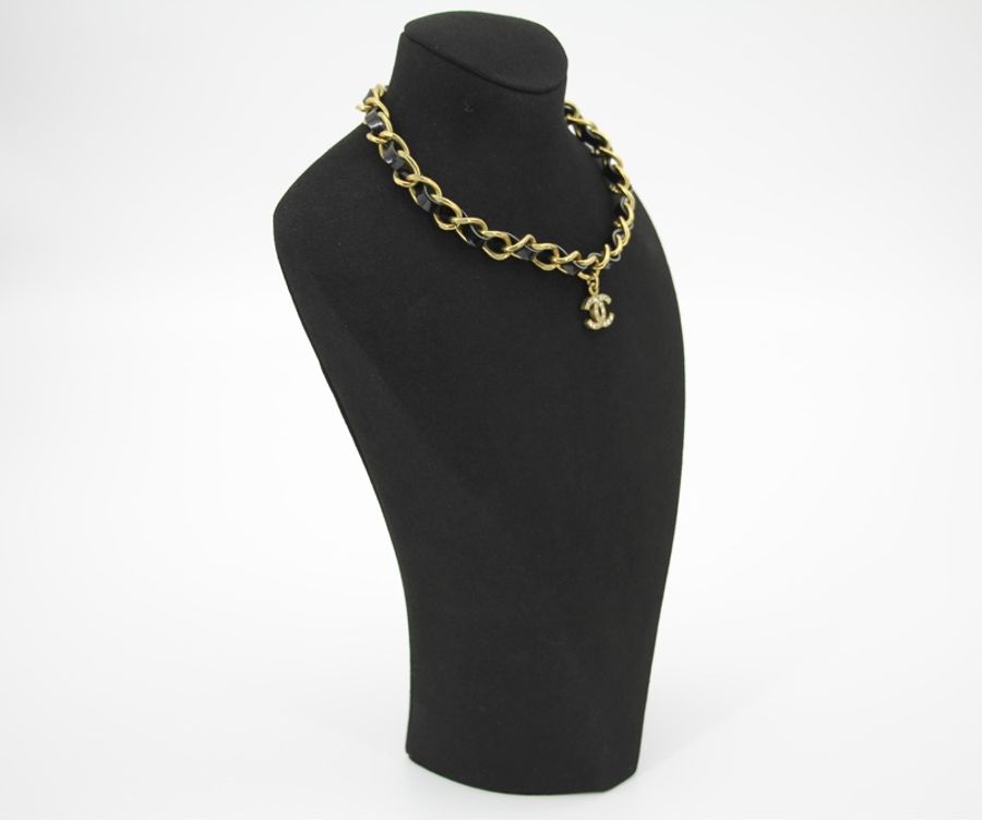 Chanel Vintage 95P 水鑽鍍金黑色光面皮穿鏈Choker-1