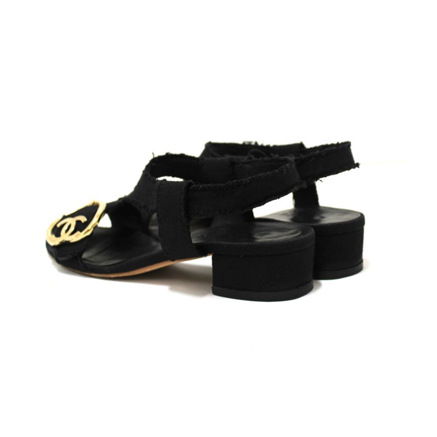 Chanel Black Interlocking CC Logo Canvas Slingback Sandals size 37-2