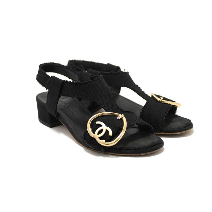 Chanel Black Interlocking CC Logo Canvas Slingback Sandals size 37-4