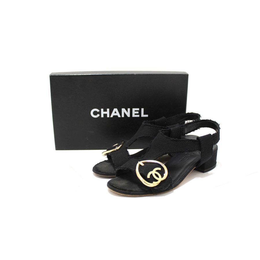 Chanel Black Interlocking CC Logo Canvas Slingback Sandals size 37-13