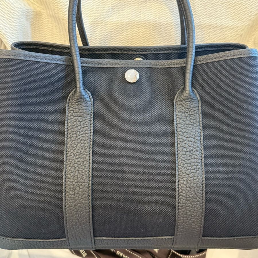 Hermès 全新/全配 愛馬仕 Garden Party 花園包 30cm 黑色帆布拼黑牛皮-0