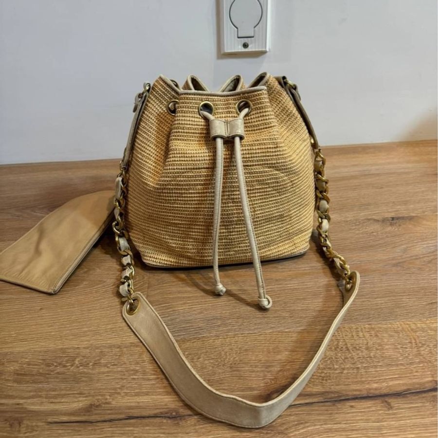 chanel 香奈兒 Vintage Raffia 拉菲草 編織 子母包 水桶包 肩背包 斜背包 側背包 手提包-0