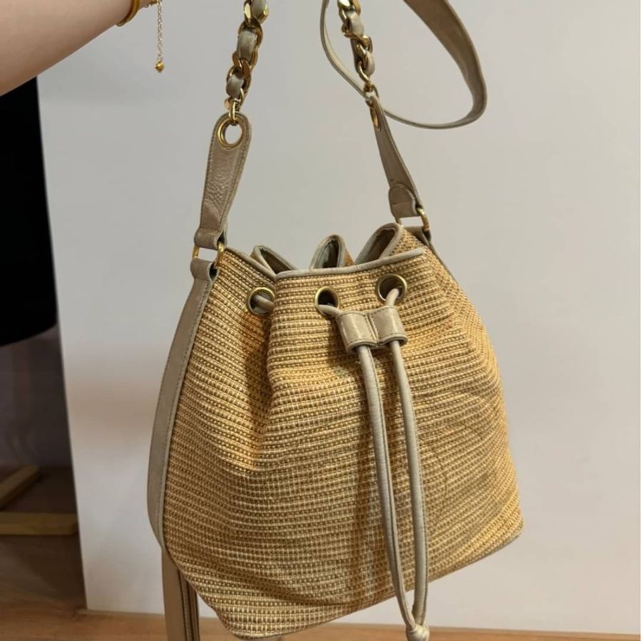 chanel 香奈兒 Vintage Raffia 拉菲草 編織 子母包 水桶包 肩背包 斜背包 側背包 手提包-1