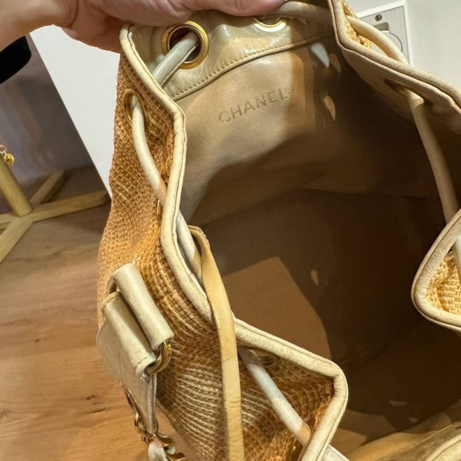 chanel 香奈兒 Vintage Raffia 拉菲草 編織 子母包 水桶包 肩背包 斜背包 側背包 手提包-3