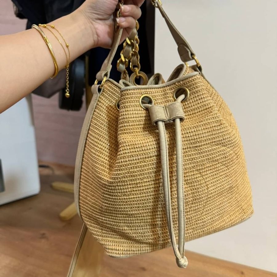 chanel 香奈兒 Vintage Raffia 拉菲草 編織 子母包 水桶包 肩背包 斜背包 側背包 手提包-4