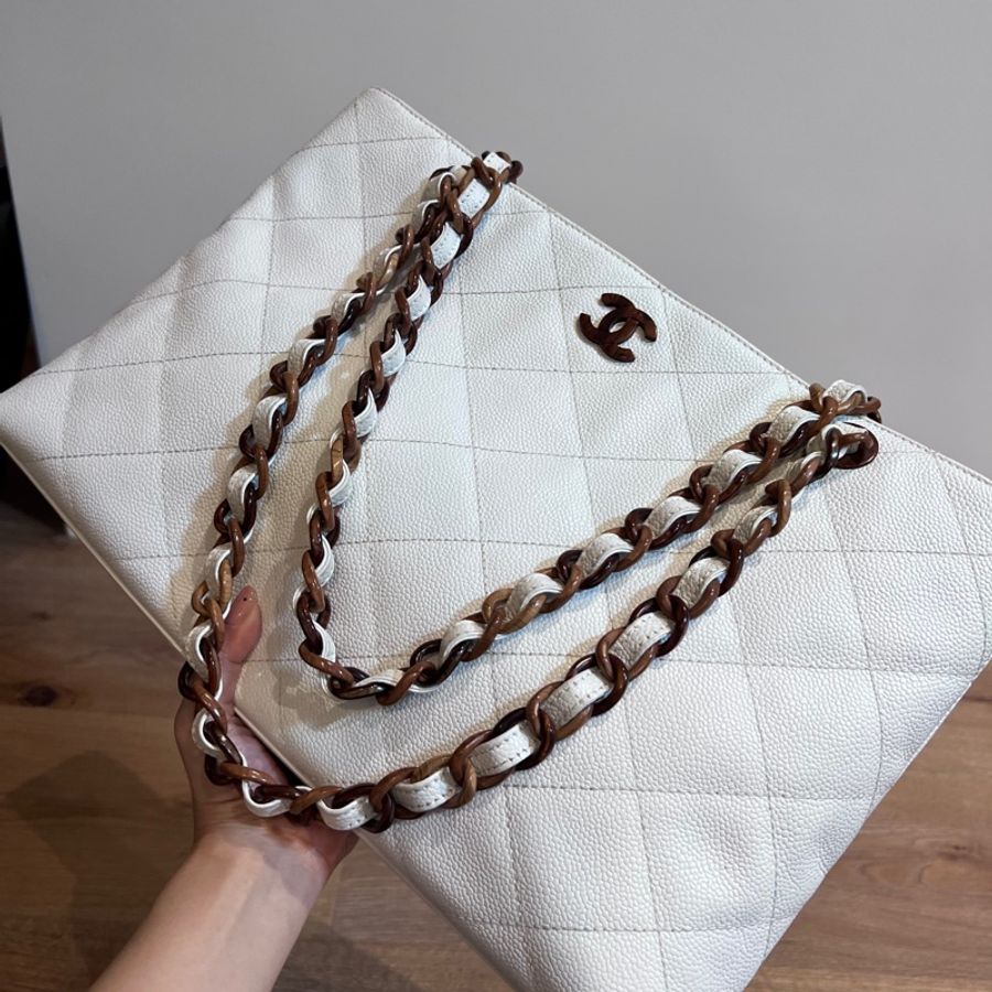 CHANEL 香奈兒 Vintage 白 梨花木 穿皮鍊 托特包 肩背包 手提包-10