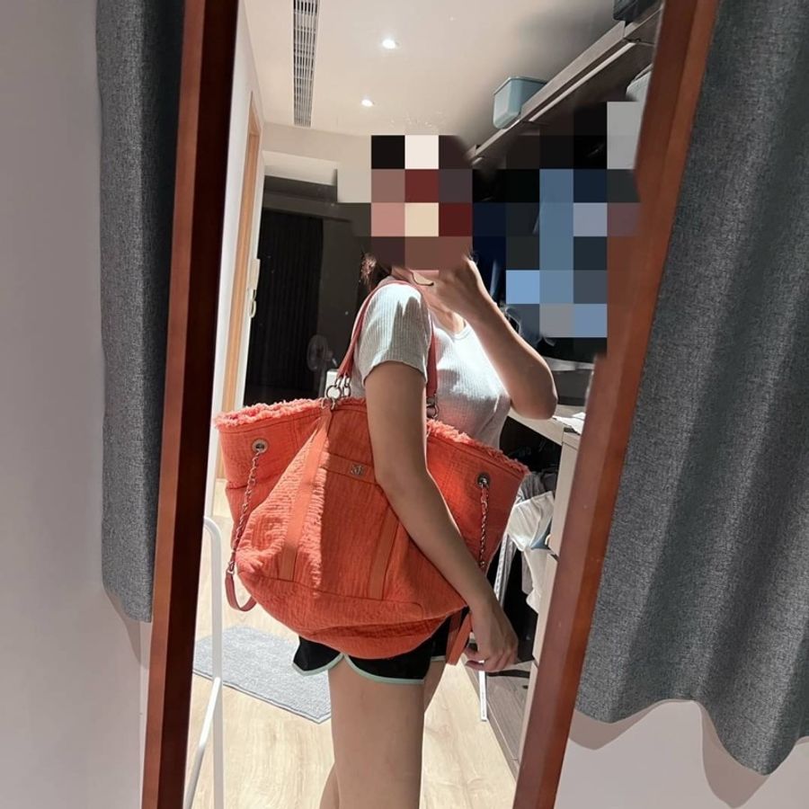 chanel 香奈兒 橘色 雙面背 布包 沙灘包 購物袋 購物包 海攤包 手提包 肩背包-3