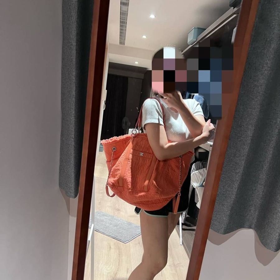 chanel 香奈兒 橘色 雙面背 布包 沙灘包 購物袋 購物包 海攤包 手提包 肩背包-4