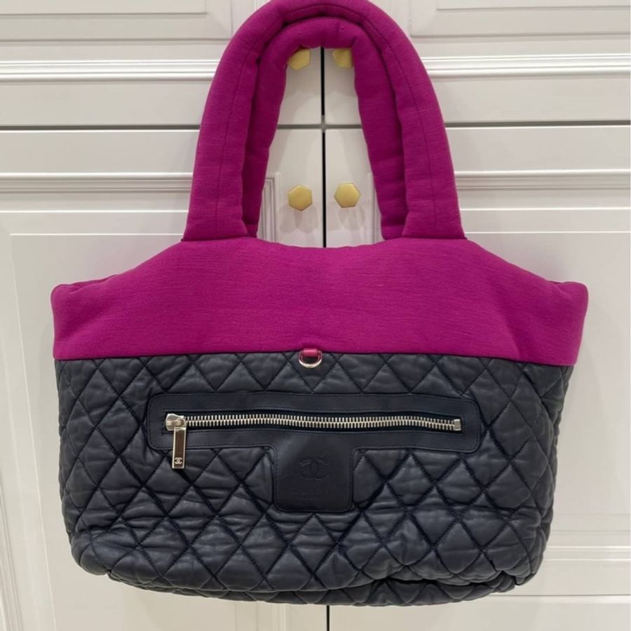 CHANEL 香奈兒 菱格 牛皮 皮革 帆布 Shoulder Bag 银扣 肩背包 空氣包 手提包 黑色/紫色-0