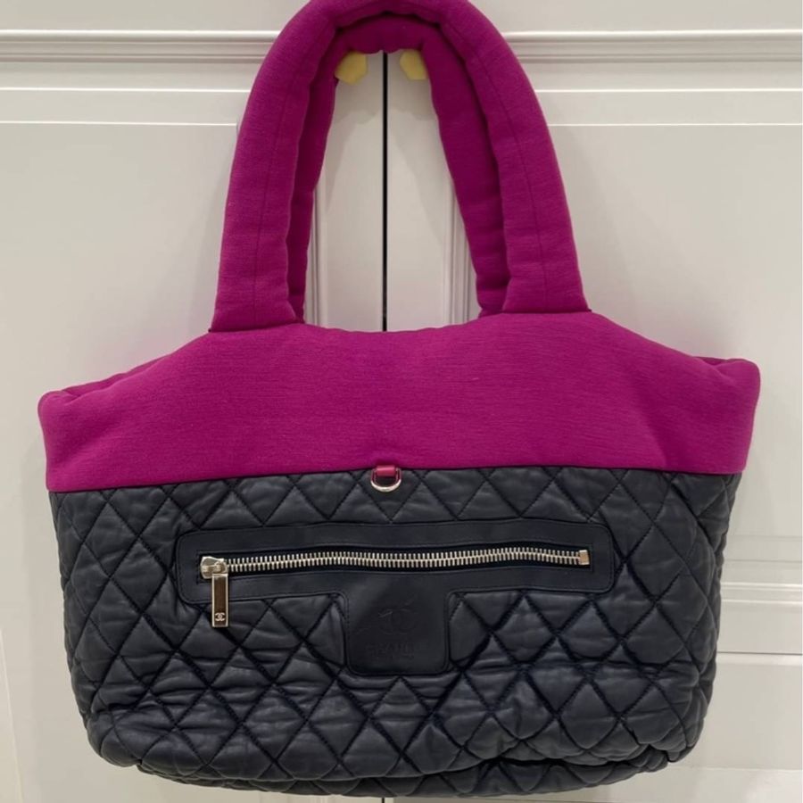 CHANEL 香奈兒 菱格 牛皮 皮革 帆布 Shoulder Bag 银扣 肩背包 空氣包 手提包 黑色/紫色-1