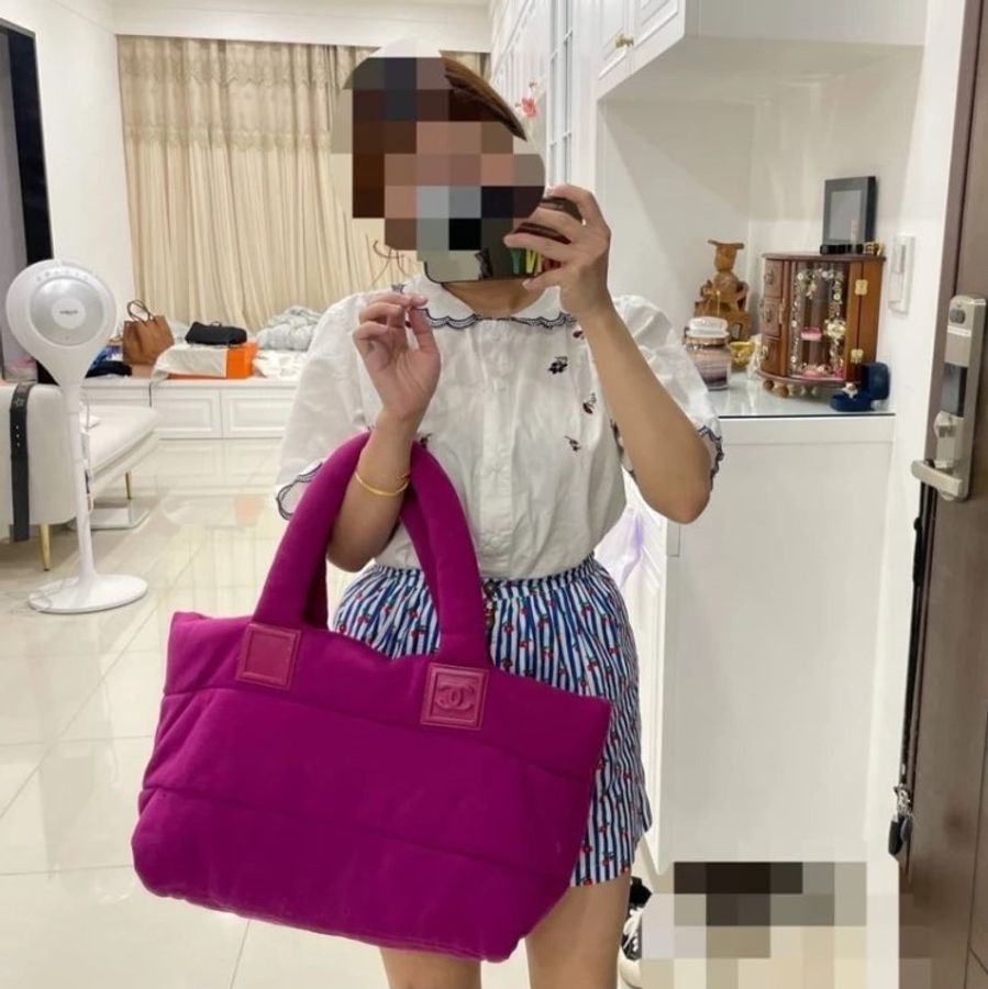 CHANEL 香奈兒 菱格 牛皮 皮革 帆布 Shoulder Bag 银扣 肩背包 空氣包 手提包 黑色/紫色-3