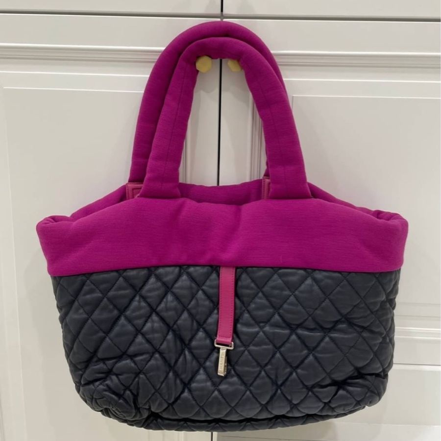 CHANEL 香奈兒 菱格 牛皮 皮革 帆布 Shoulder Bag 银扣 肩背包 空氣包 手提包 黑色/紫色-4