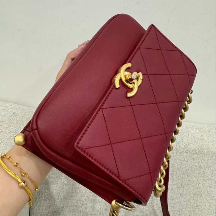 CHANEL 香奈兒 孟買系列 CF 20 勃根地紅 皮穿鍊 菱格紋 口蓋包 斜背包 肩背包 鍊條包 帶鏈包-8