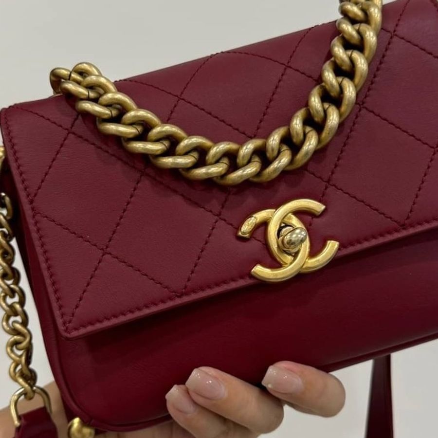 CHANEL 香奈兒 孟買系列 CF 20 勃根地紅 皮穿鍊 菱格紋 口蓋包 斜背包 肩背包 鍊條包 帶鏈包-9