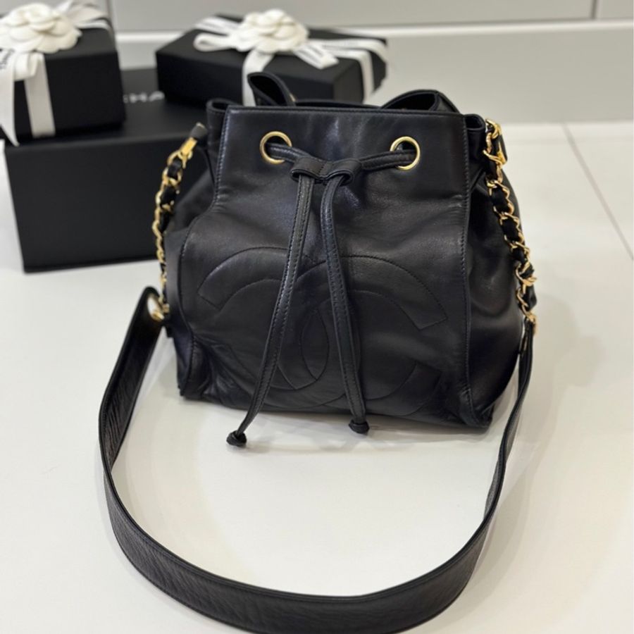 Chanel vintage 大C logo黑金 羊 子母包 水桶包 斜背包 肩背包 側背包 手提包-1