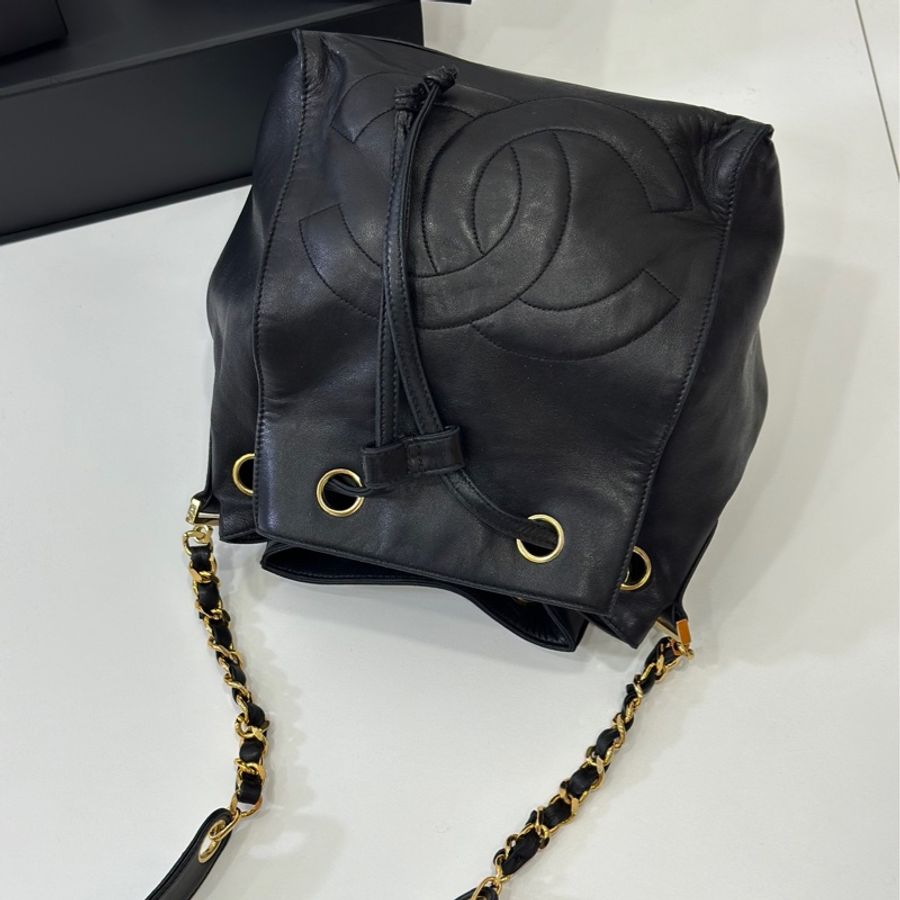 Chanel vintage 大C logo黑金 羊 子母包 水桶包 斜背包 肩背包 側背包 手提包-2