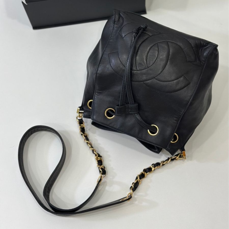 Chanel vintage 大C logo黑金 羊 子母包 水桶包 斜背包 肩背包 側背包 手提包-3