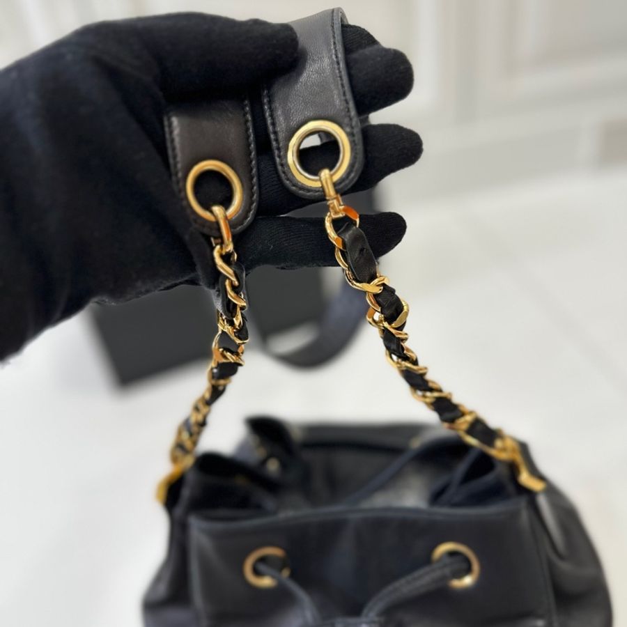 Chanel vintage 大C logo黑金 羊 子母包 水桶包 斜背包 肩背包 側背包 手提包-14
