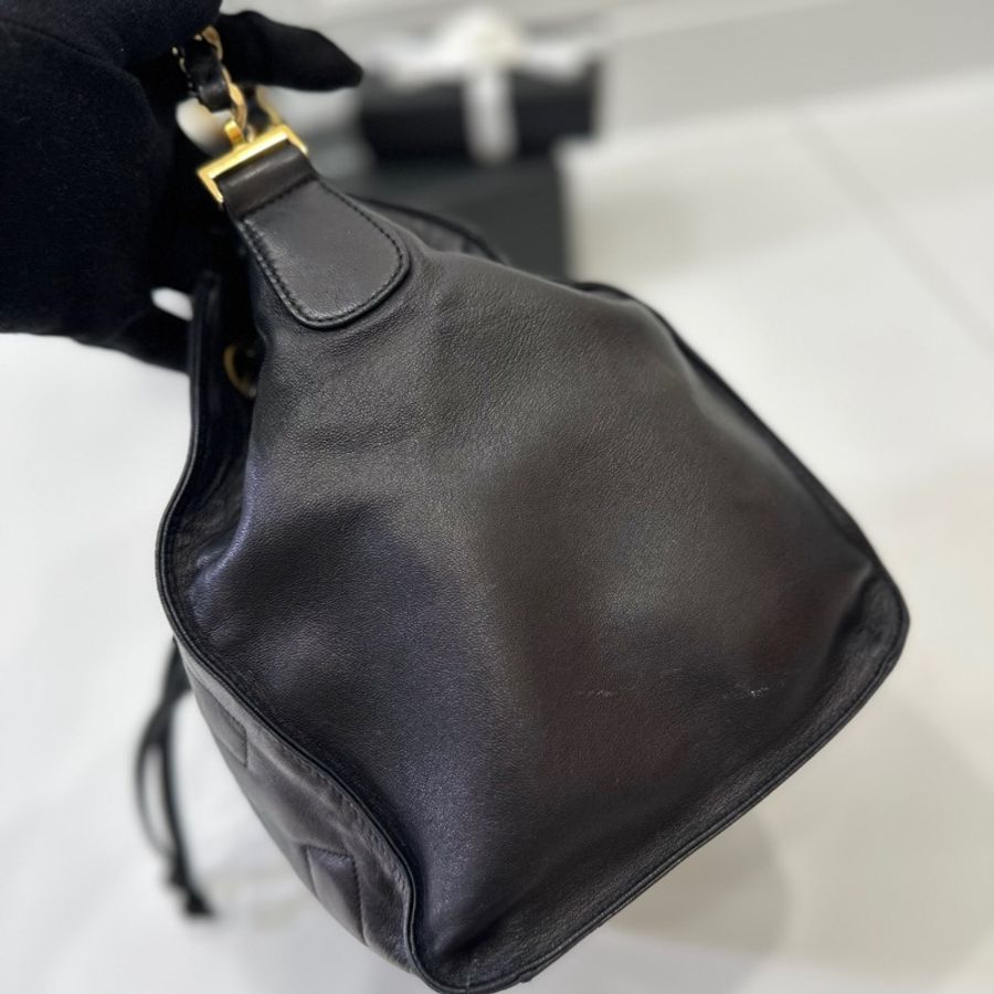 Chanel vintage 大C logo黑金 羊 子母包 水桶包 斜背包 肩背包 側背包 手提包-15