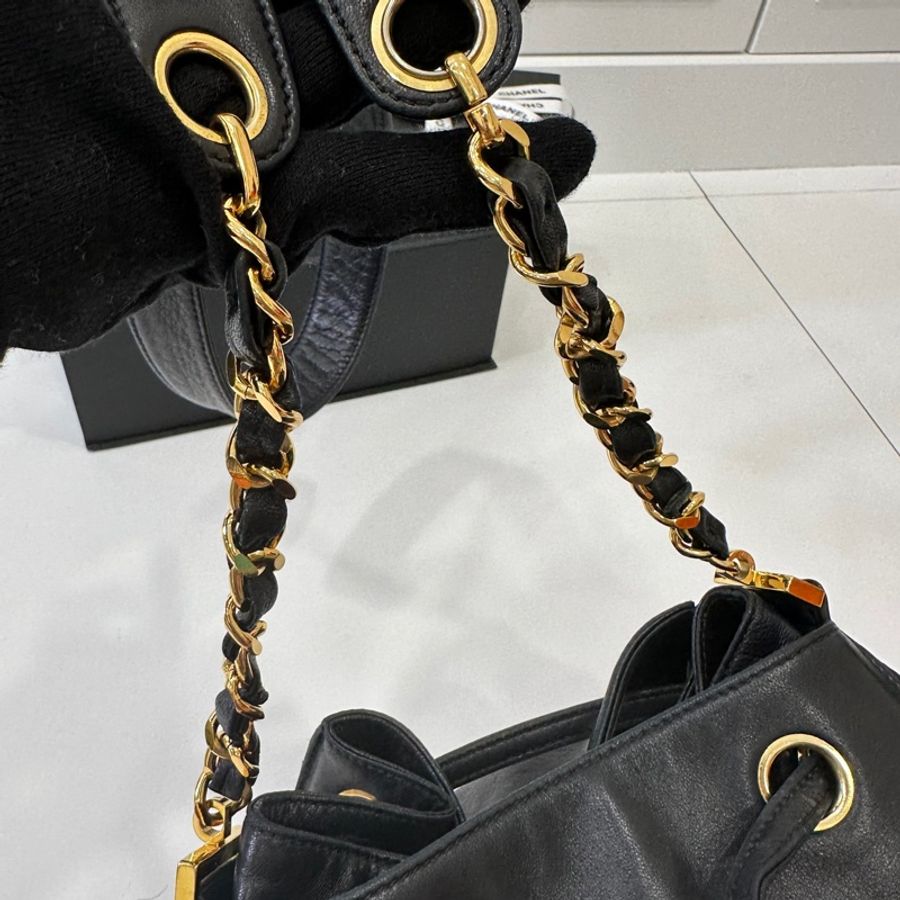 Chanel vintage 大C logo黑金 羊 子母包 水桶包 斜背包 肩背包 側背包 手提包-16