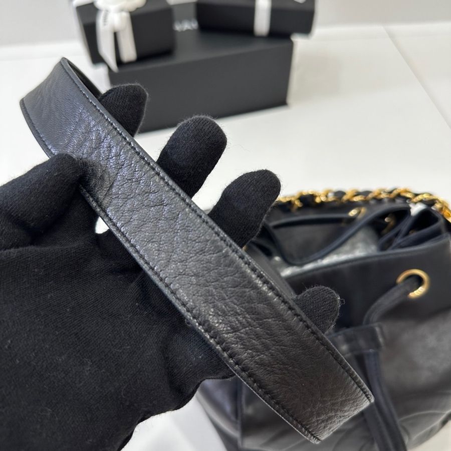 Chanel vintage 大C logo黑金 羊 子母包 水桶包 斜背包 肩背包 側背包 手提包-17