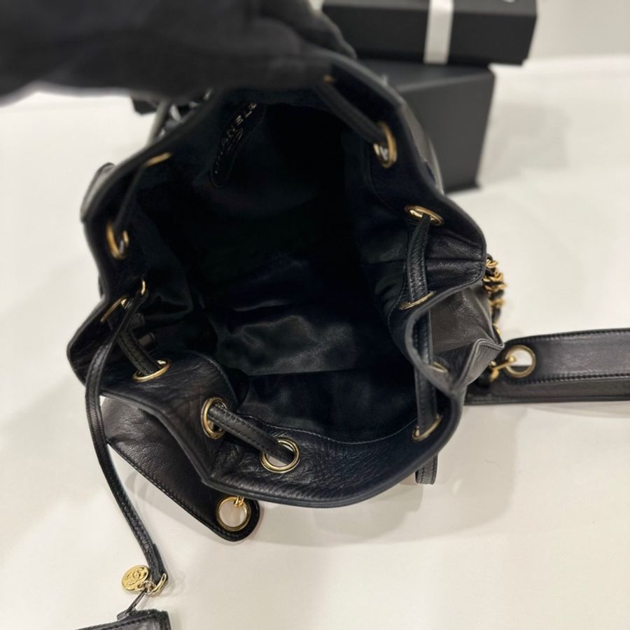Chanel vintage 大C logo黑金 羊 子母包 水桶包 斜背包 肩背包 側背包 手提包-26
