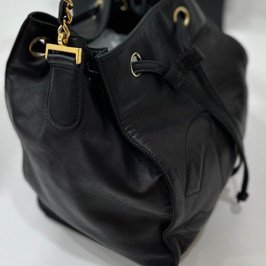 Chanel vintage 大C logo黑金 羊 子母包 水桶包 斜背包 肩背包 側背包 手提包-44