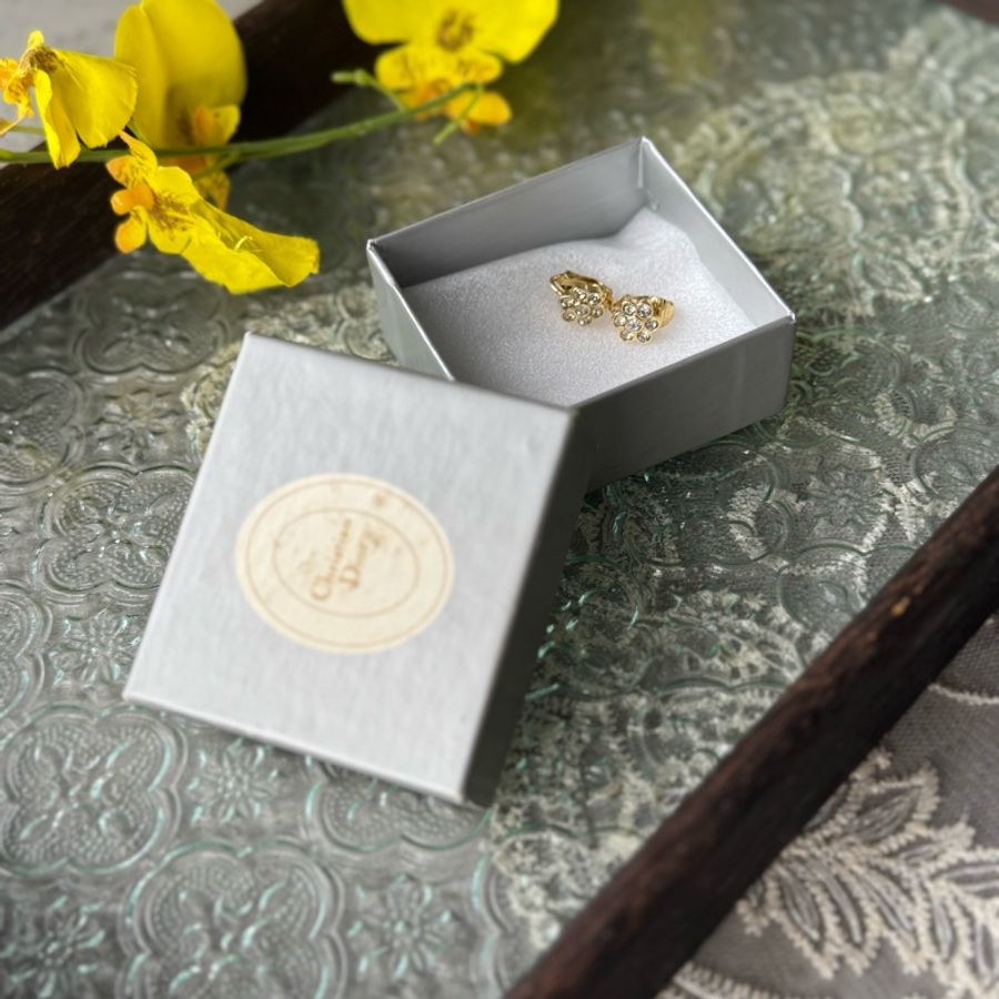 中古Dior 花朵水鑽耳夾 鍍金 耳環-3